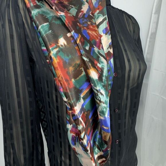 Vintage 80s Mademoiselle Large Square Satin Scarf 31x30 Abstract Green Red Cobal - Picture 2 of 11